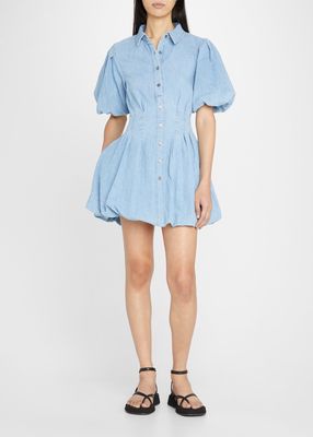 Ciara Denim Button-Front Puffed Sleeve Fit-And-Flare Mini Dress