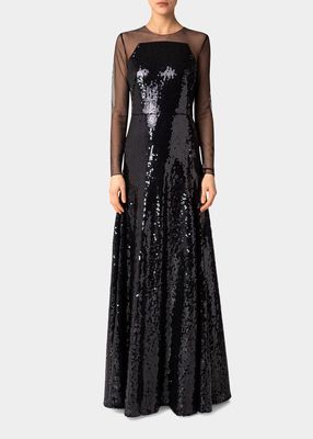 Sequin Long-Sleeve Illusion Gown