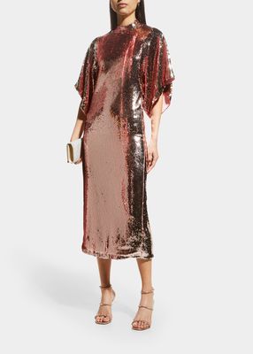 Sequin Mock-Neck Thigh-Slit Midi Dress