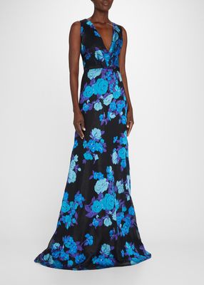 Floral Pintuck V-Neck Gown