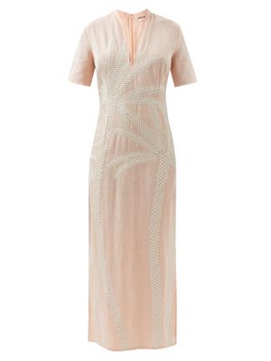 Emporio Sirenuse - Fiona Palm-embroidered Cotton-voile Midi Dress - Womens - Salmon