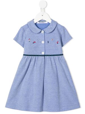 Familiar embroidered-design flared dress - Blue
