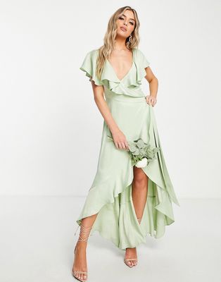 Topshop bridesmaid satin frill wrap dress in sage-Green