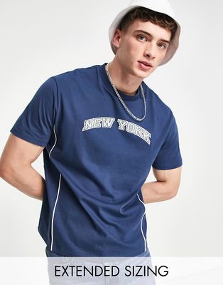 ASOS DESIGN relaxed T-shirt in navy with piping & New York print