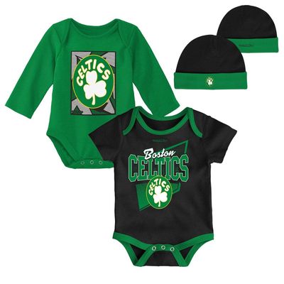 Infant Mitchell & Ness Black/Kelly Green Boston Celtics Hardwood Classics Bodysuits & Cuffed Knit Hat Set