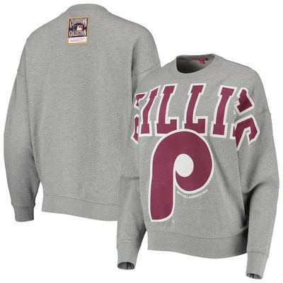 Women's Mitchell & Ness Heathered Gray Philadelphia Phillies Cooperstown Collection Logo Lightweight Pullover Sweatshirt in Heather Gray at