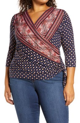 Loveappella Loveapella Border Print Faux Wrap Top in Navy/Red