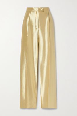 Fendi - Pleated Metallic Silk-blend Cady Tapered Pants - Gold