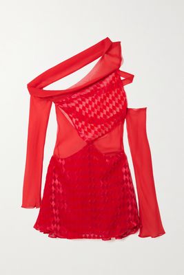 Maximilian - Nightfall Cutout Draped Devoré Silk-velvet And Chiffon Mini Dress - Red