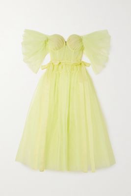 Alexander McQueen - Off-the-shoulder Pleated Silk-trimmed Tulle And Mesh Midi-dress - Yellow