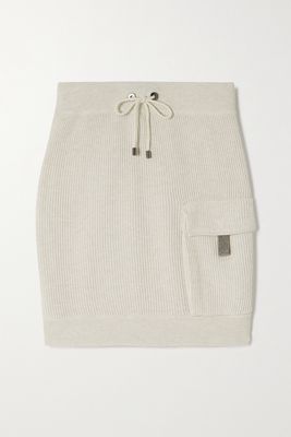 Brunello Cucinelli - Bead-embellished Ribbed Cotton Mini Skirt - Off-white