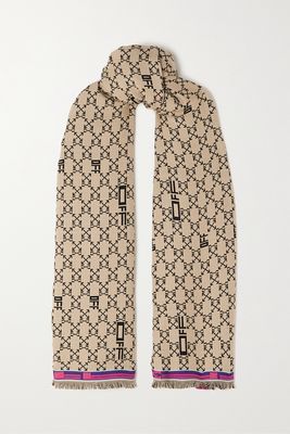 Off-White - Fringed Logo-jacquard Wool And Cotton-blend Scarf - Brown