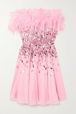 Jenny Packham - Pearl Feather-trimmed Embellished Silk-chiffon Mini Dress - Pink