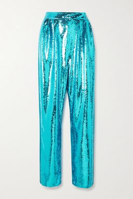 TOM FORD - Pleated Silk Satin-trimmed Sequined Tulle Pants - Blue