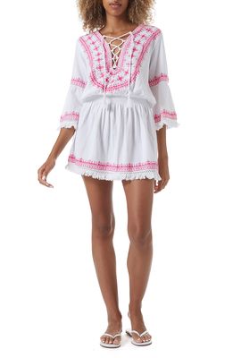 Melissa Odabash Martina Embroidered Lace-Up Linen & Cotton Cover-Up Dress in White/Hot Pink