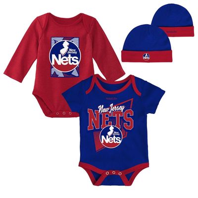 Newborn & Infant Mitchell & Ness Blue/Red New Jersey Nets 3-Piece Hardwood Classics Bodysuits & Cuffed Knit Hat Set
