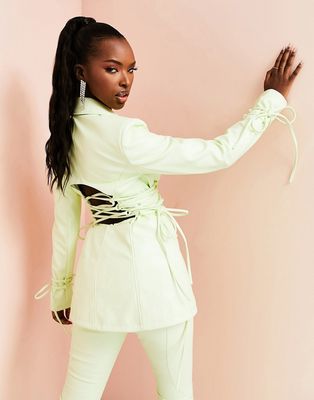 ASOS LUXE leather look blazer with cut-out back and lace-up waist in lime-Green