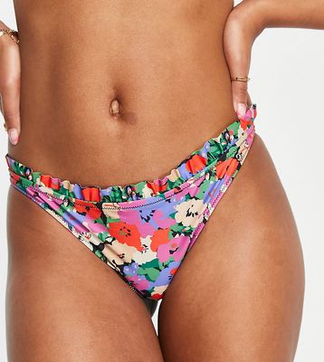 Only exclusive ruffle trim bikini bottoms in bright poppy floral-Multi