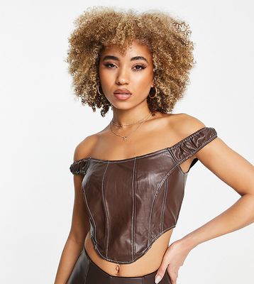 Missguided faux leather contrast stitch corset top in brown