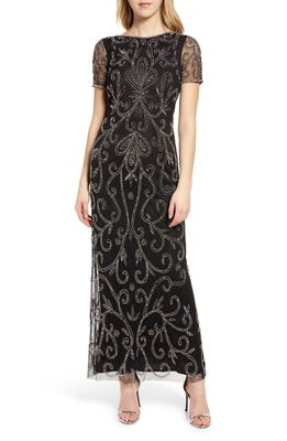 Pisarro Nights Beaded Illusion Mesh A-Line Gown in Blk/Wht