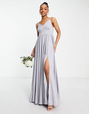Little Mistress Bridesmaid pleated maxi dress in gray blue