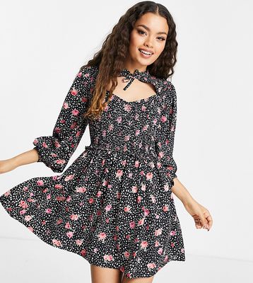 Miss Selfridge Petite cut-out detail shirred mini dress in rose print-Multi
