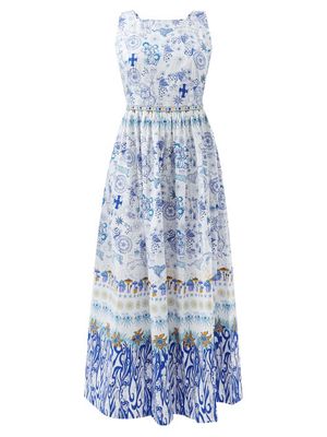 Emporio Sirenuse - Julia Printed Cotton-poplin Midi Dress - Womens - Blue Print
