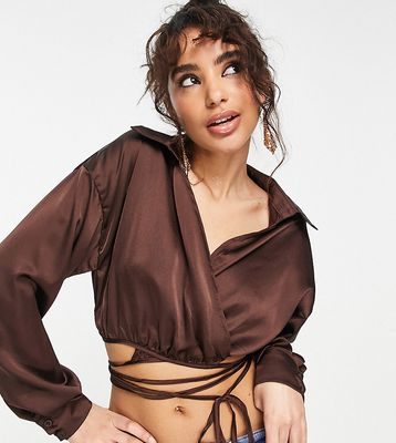Missguided Petite satin wrap blouse in brown - part of a set