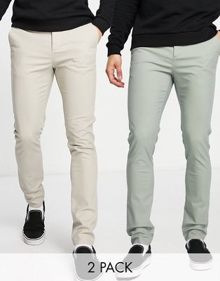 ASOS DESIGN 2-pack skinny chinos in sage green and light beige-Multi
