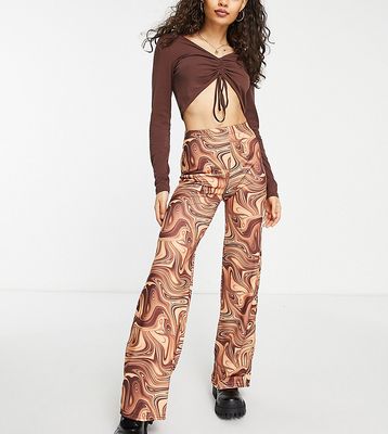 Missguided Petite flare pants in brown marble - part of a set