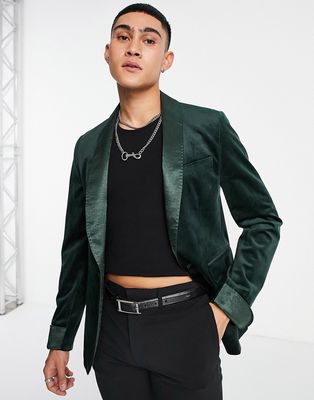 Devil's Advocate shawl collar skinny fit velvet blazer-Green