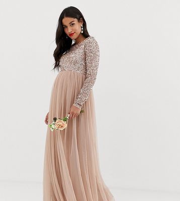 Maya Maternity Bridesmaid long sleeve maxi tulle dress with tonal delicate sequins in muted blush-Neutral
