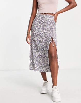Only ruched midi skirt in purple ditsy floral