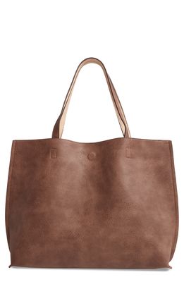 Street Level Reversible Faux Leather Tote & Wristlet in Taupe/Ivory