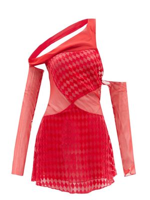 Maximilian Davis - Flocked Harlequin One-shoulder Chiffon Mini Dress - Womens - Red