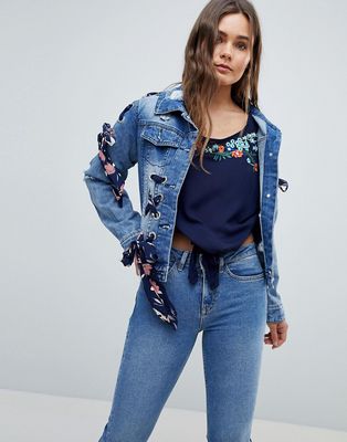 QED London Denim Jacket With Lace Up Detail-Blue