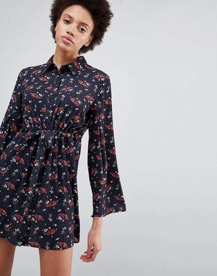 Unique21 Bell Sleeve Printed Shirt Dress-Multi