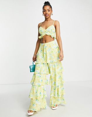 Saint Genies frill palazzo pants in yellow floral-Multi
