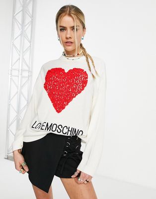 Love Moschino core heart logo sweater in white with red heart