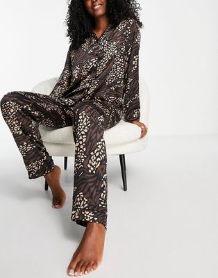 Loungeable satin pajama pants in dark animal - part of a set-Black