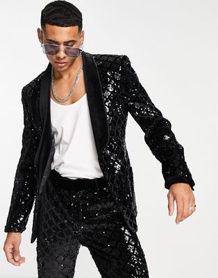 ASOS DESIGN skinny smoking suit jacket in diamond sequin-Black
