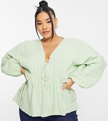 ASOS DESIGN Curve natural crinkle top with side ties in sage-Green