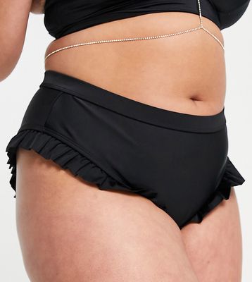 Ivory Rose Curve Exclusive high waist frill bikini bottom in black