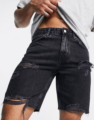 Pull & Bear straight fit denim shorts with rips in black
