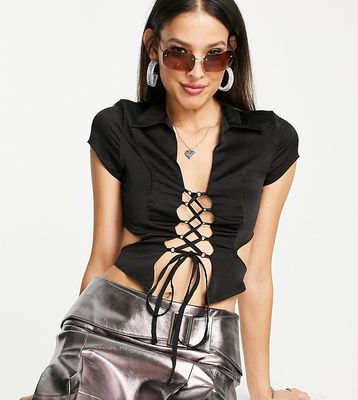 ASOS DESIGN cropped shirt with lace up detail in black