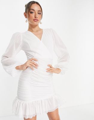 Trendyol wrap front mini dress with mesh balloon sleeves in white