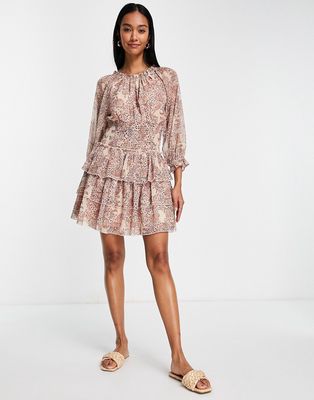 French Connection tiered mini dress in boho paisley print-Pink