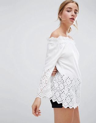 QED London Off Shoulder Broderie Trim Top-White