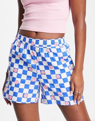 Noisy May boxy shorts in happy face checkerboard print - part of a set-Multi