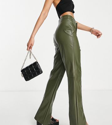 Missguided Petite split hem faux leather pants in khaki-Green